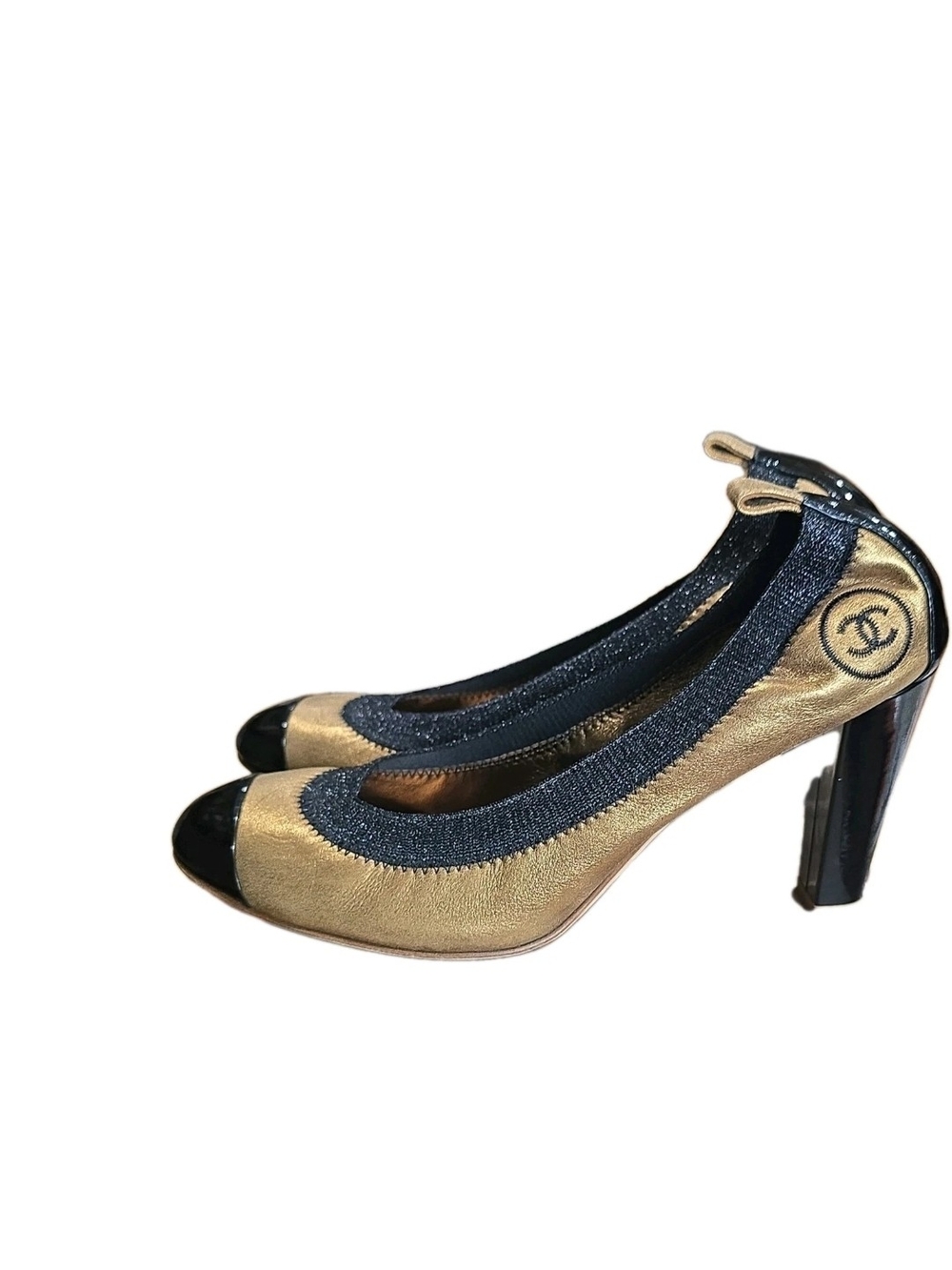 CHANEL Gold Leather Heel Pumps with Black Patent Cap Toe - Picture 4 of 4